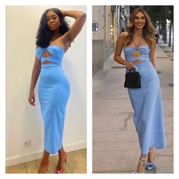 ZARA Blue Sleeveless Cutout Halter Midi Cocktail Dress XL Blogger Favorite NWT - Picture 5 of 14